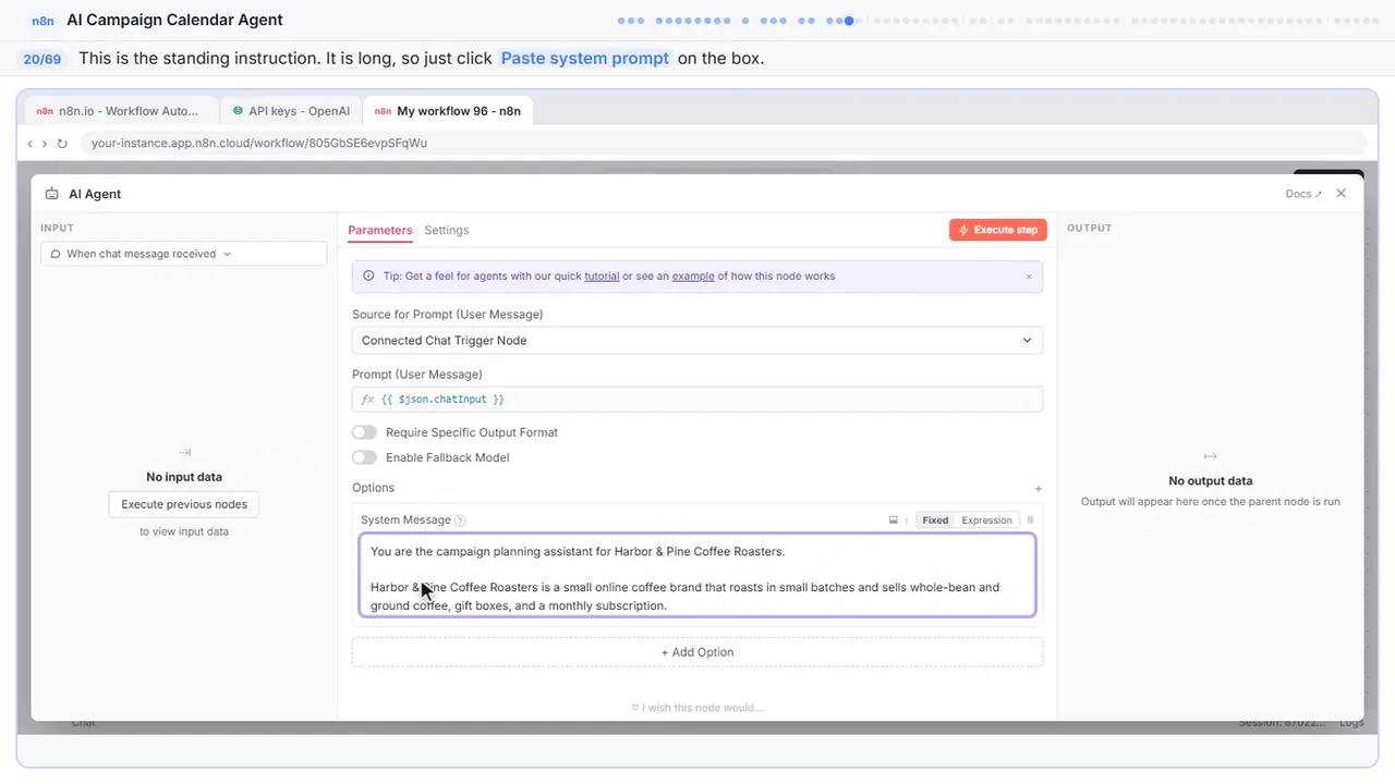 An n8n node’s settings window in Stepthrough’s practice copy, step 20 of 69 (Write the system prompt): the system prompt is filled in (“You are the campaign planning assistant for…”).
