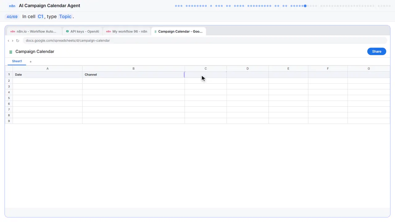 Google Sheets in Stepthrough’s practice copy, step 40 of 69 (Topic): the cursor is on “C1”, highlighted.