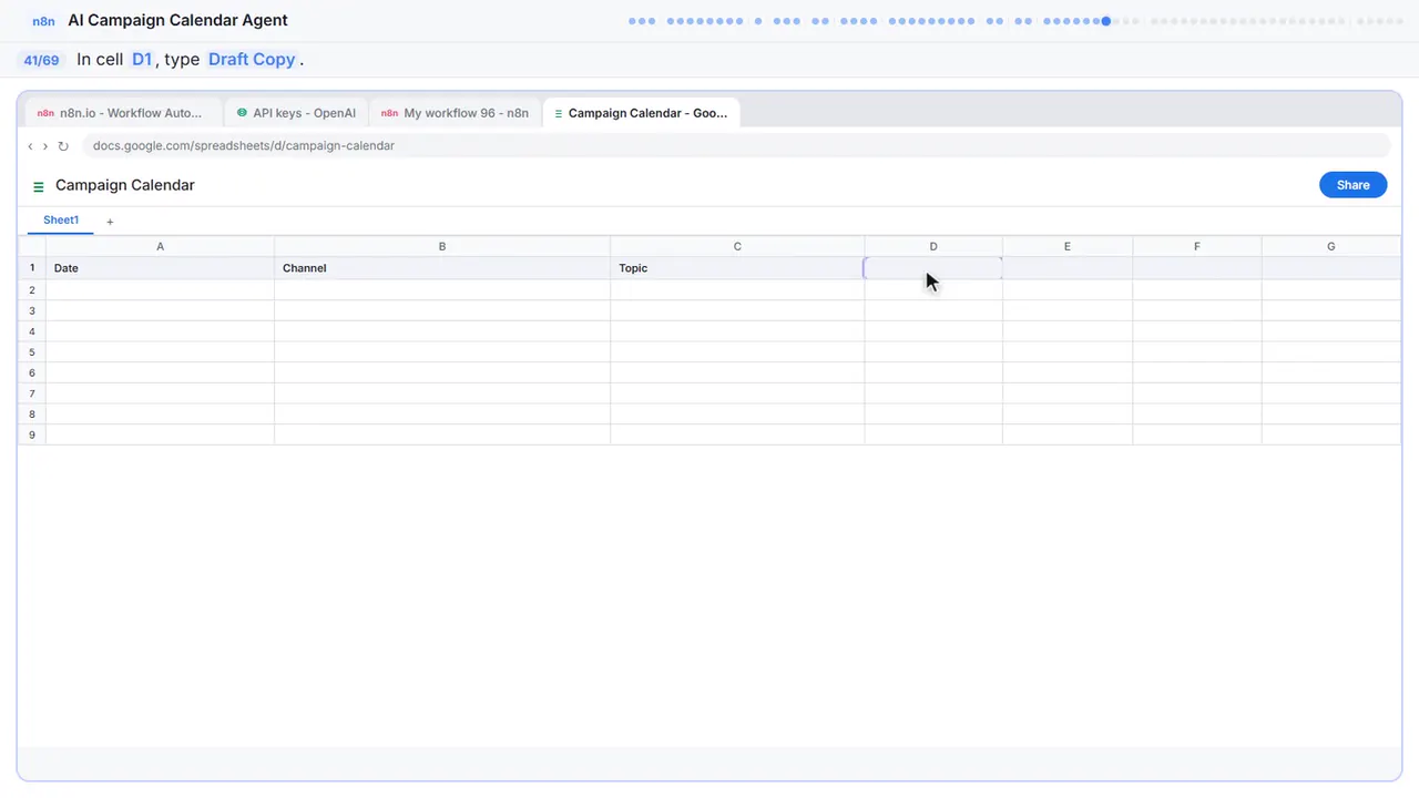 Google Sheets in Stepthrough’s practice copy, step 41 of 69 (Draft Copy): the cursor is on “D1”, highlighted.