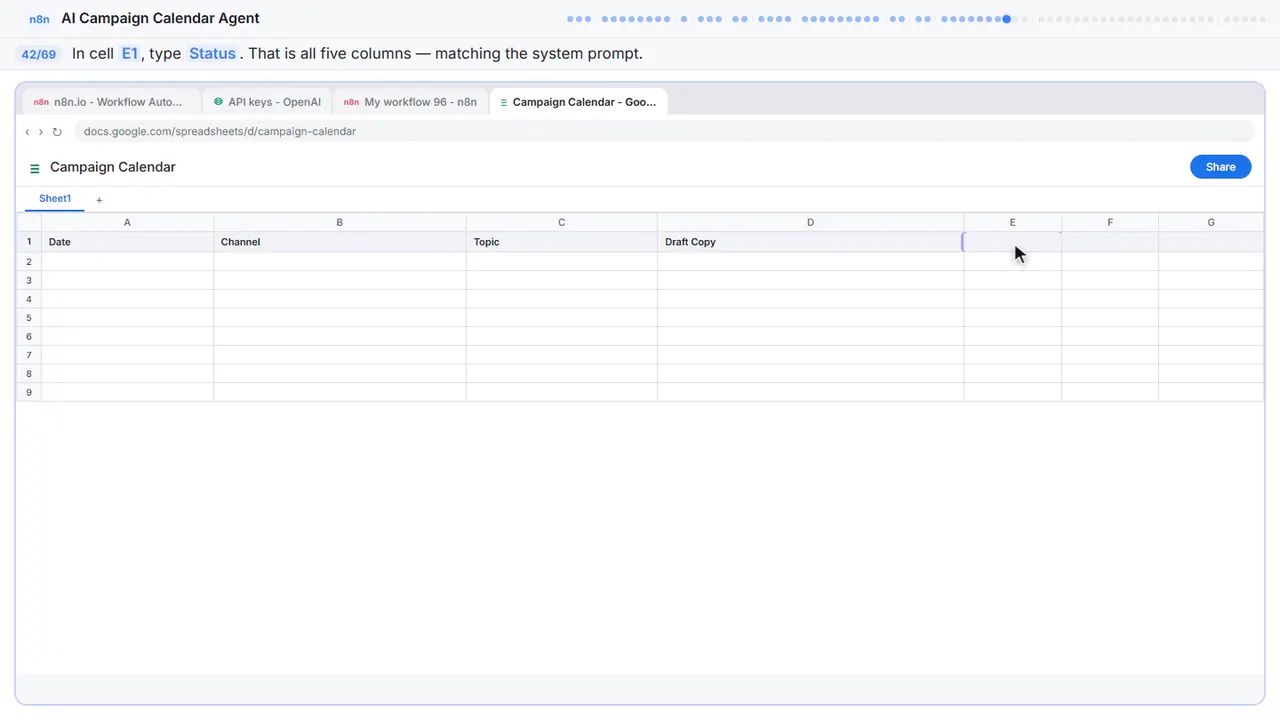 Google Sheets in Stepthrough’s practice copy, step 42 of 69 (Status): the cursor is on “E1”, highlighted.