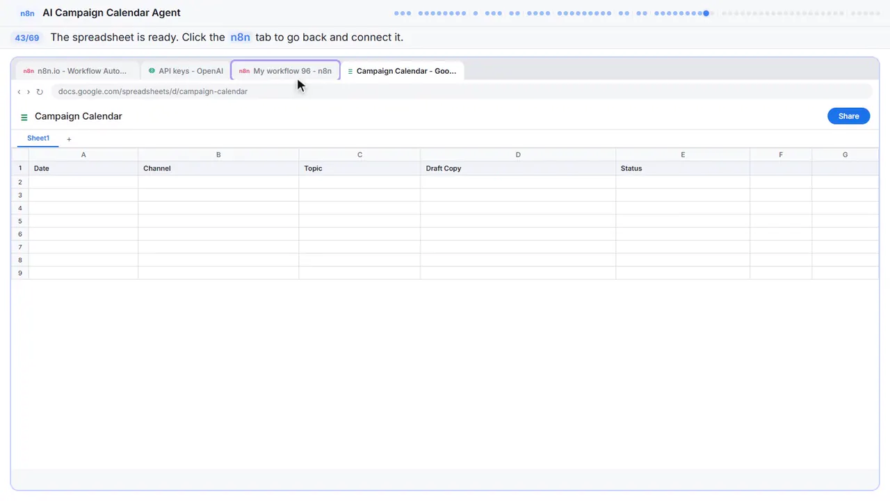 Google Sheets in Stepthrough’s practice copy, step 43 of 69 (Back to n8n): the cursor is on “n8n”, highlighted.