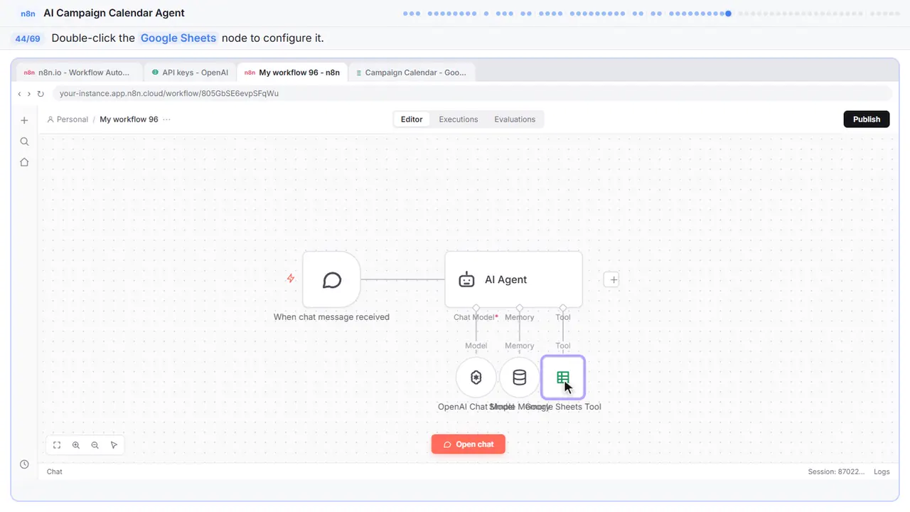 The n8n workflow canvas in Stepthrough’s practice copy, step 44 of 69 (Open the Sheets node): the cursor is on “Google Sheets”, highlighted.