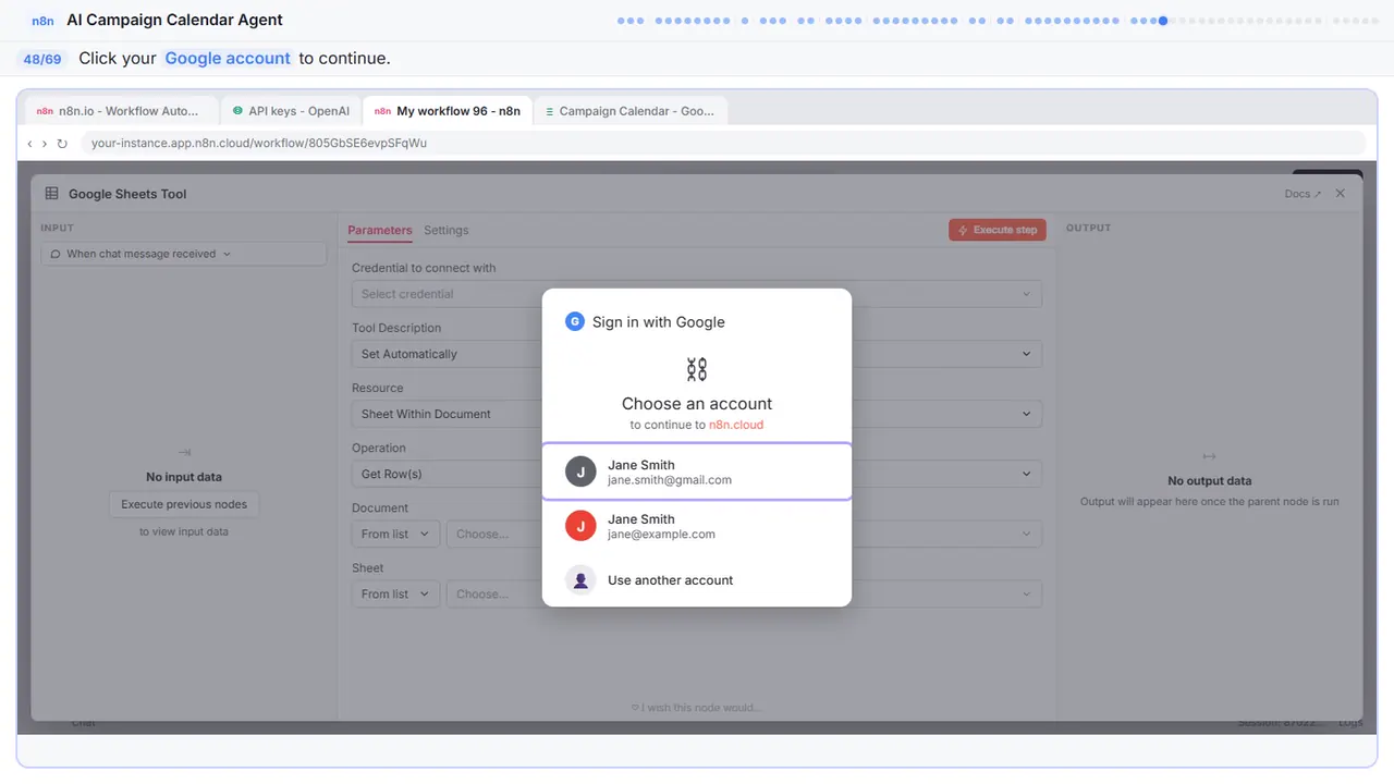 The Google sign-in window in Stepthrough’s practice copy, step 48 of 69 (Choose your account): the cursor is on “Google account”, highlighted.