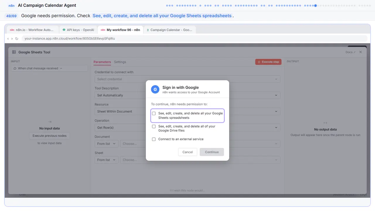 The Google sign-in window in Stepthrough’s practice copy, step 49 of 69 (Allow Sheets access): the cursor is on “See, edit, create, and delete all your Google Sheets…”, highlighted.