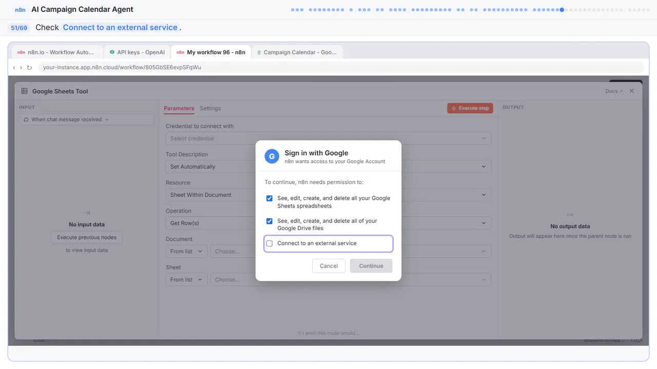 The Google sign-in window in Stepthrough’s practice copy, step 51 of 69 (Allow external service): the cursor is on “Connect to an external service”, highlighted.