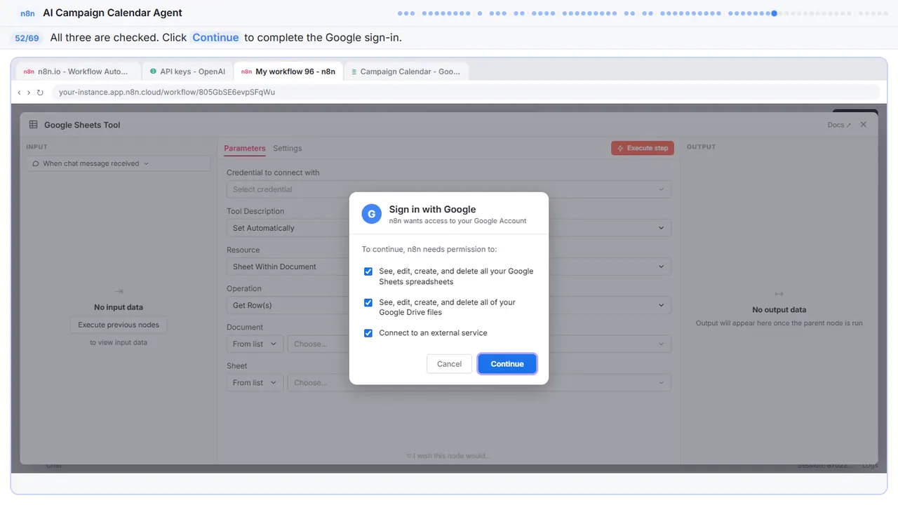 The Google sign-in window in Stepthrough’s practice copy, step 52 of 69 (Sign in): the cursor is on “Continue”, highlighted.