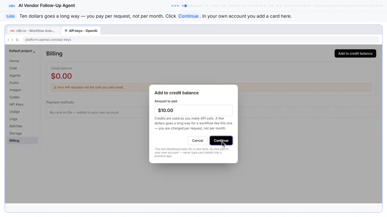 The OpenAI platform billing page in Stepthrough’s practice copy, step 5 of 69 (Ten dollars is plenty): the cursor is on “Continue”, highlighted.
