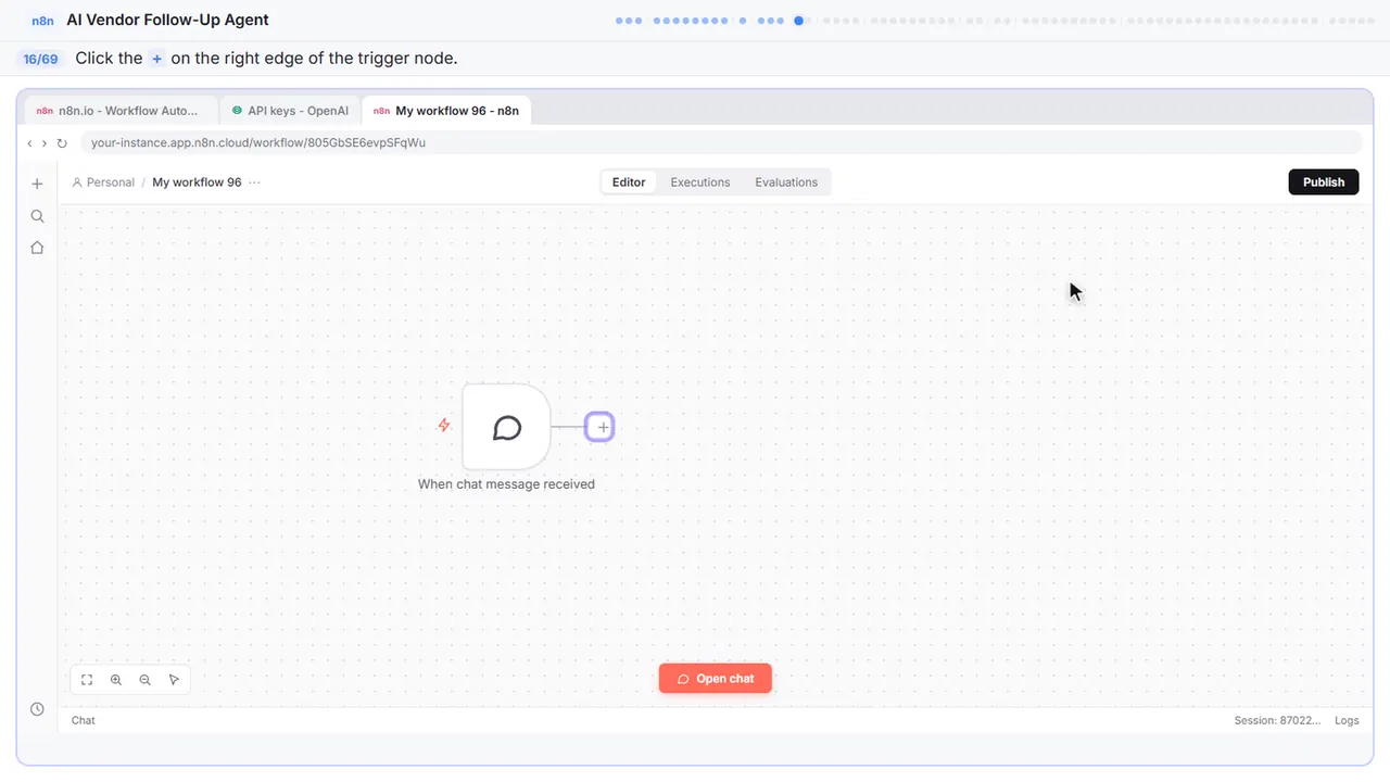 The n8n workflow canvas in Stepthrough’s practice copy, step 16 of 69 (Add the next node): the cursor is on “+”, highlighted.