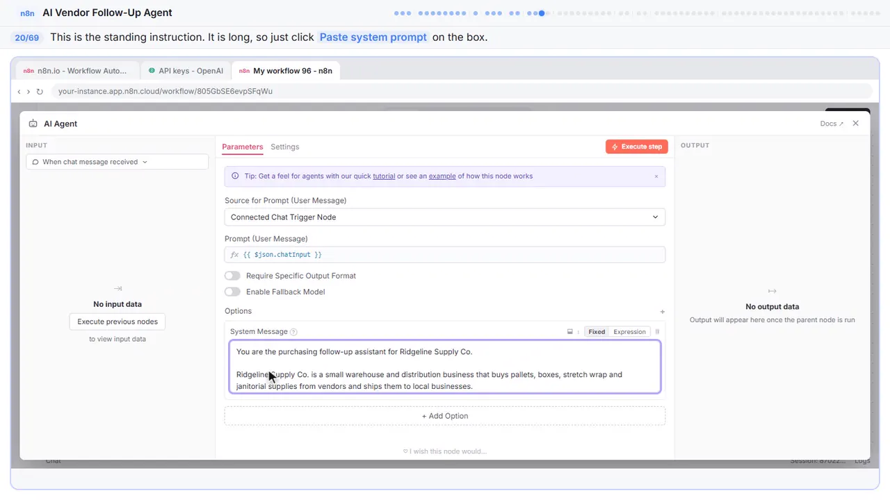 An n8n node’s settings window in Stepthrough’s practice copy, step 20 of 69 (Write the system prompt): the system prompt is filled in (“You are the purchasing follow-up assistant for…”).