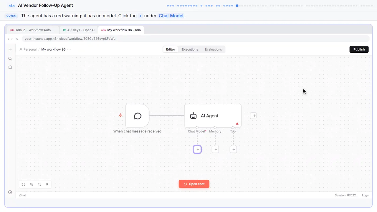 The n8n workflow canvas in Stepthrough’s practice copy, step 22 of 69 (Give the agent a brain): the cursor is on “+”, highlighted.