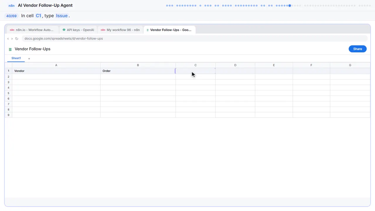 Google Sheets in Stepthrough’s practice copy, step 40 of 69 (Issue): the cursor is on “C1”, highlighted.