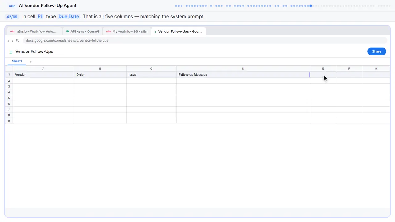 Google Sheets in Stepthrough’s practice copy, step 42 of 69 (Due Date): the cursor is on “E1”, highlighted.