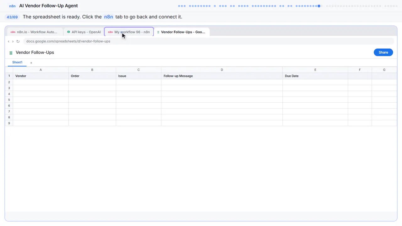 Google Sheets in Stepthrough’s practice copy, step 43 of 69 (Back to n8n): the cursor is on “n8n”, highlighted.