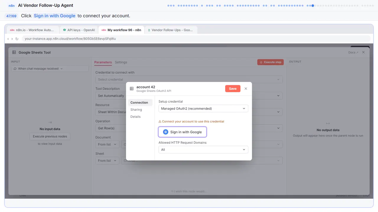 The Google sign-in window in Stepthrough’s practice copy, step 47 of 69 (Sign in with Google): the cursor is on “Sign in with Google”, highlighted.