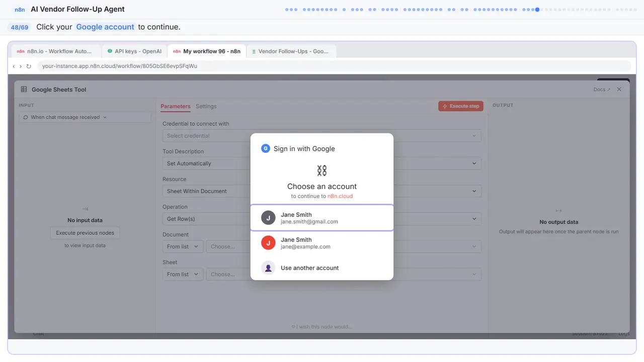 The Google sign-in window in Stepthrough’s practice copy, step 48 of 69 (Choose your account): the cursor is on “Google account”, highlighted.
