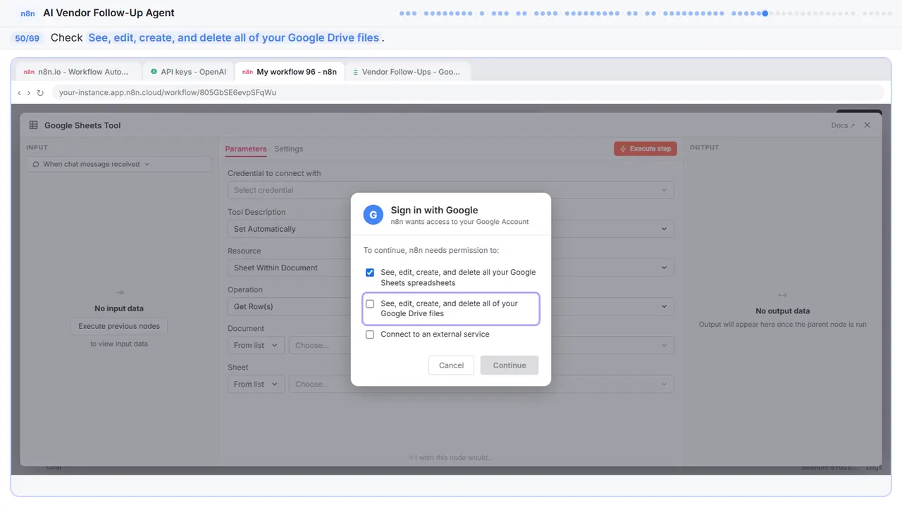 The Google sign-in window in Stepthrough’s practice copy, step 50 of 69 (Allow Drive access): the cursor is on “See, edit, create, and delete all of your Google Drive files”, highlighted.
