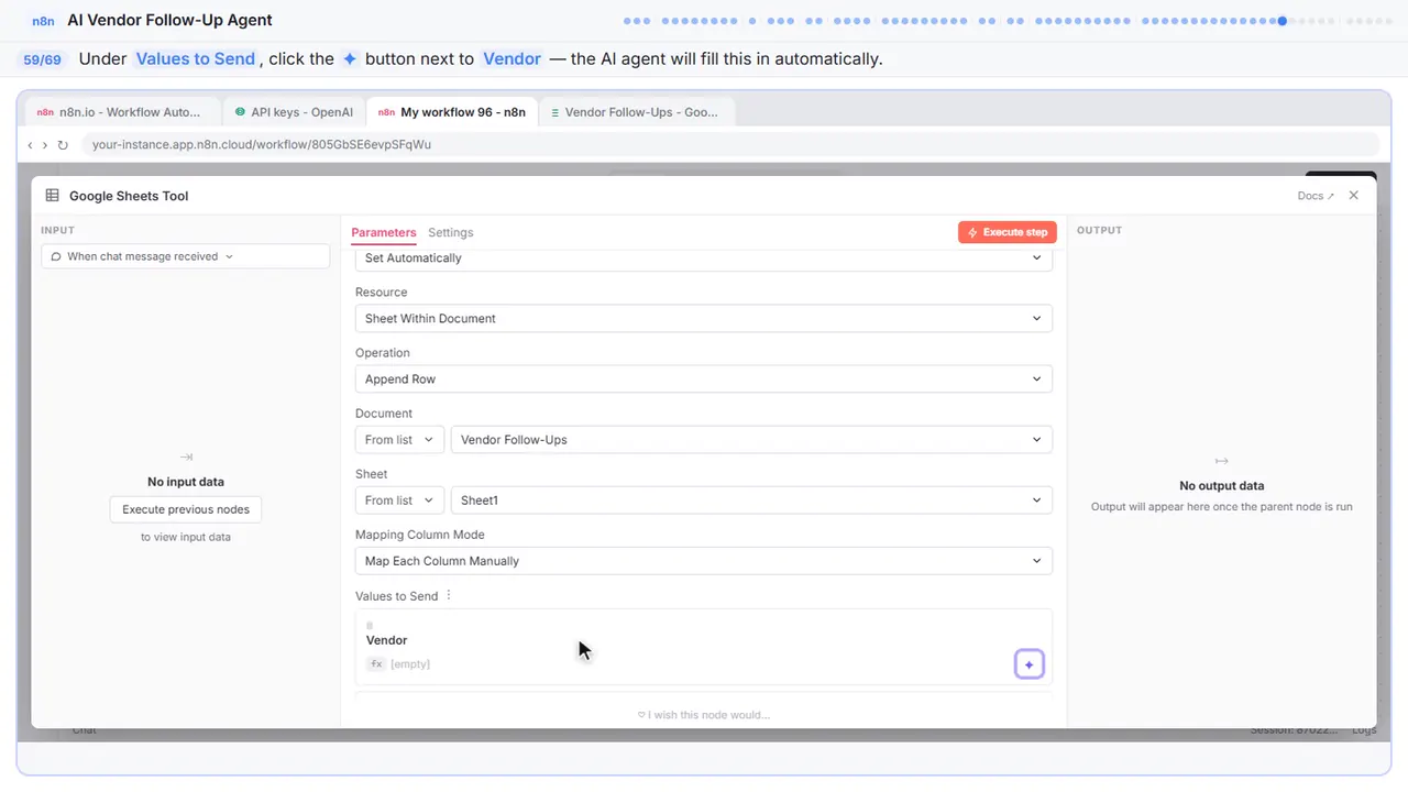 An n8n node’s settings window in Stepthrough’s practice copy, step 59 of 69 (Map the Vendor column): the cursor is on “Values to Send”, highlighted.