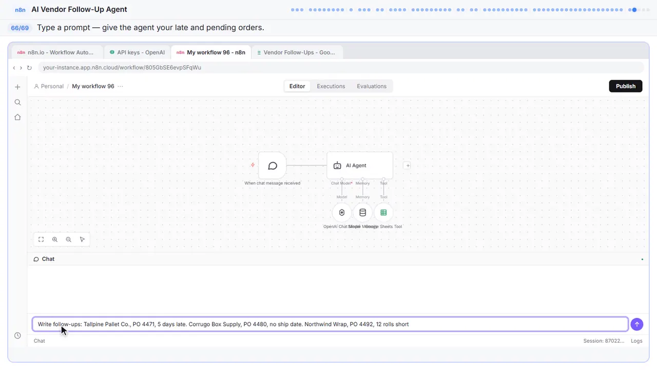 The n8n chat test panel in Stepthrough’s practice copy, step 66 of 69 (Ask for follow-ups): the prompt is filled in (“Write follow-ups: Tallpine Pallet Co., PO…”).