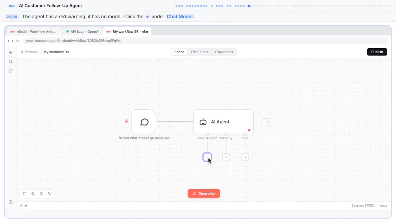The n8n workflow canvas in Stepthrough’s practice copy, step 22 of 69 (Give the agent a brain): the cursor is on “+”, highlighted.
