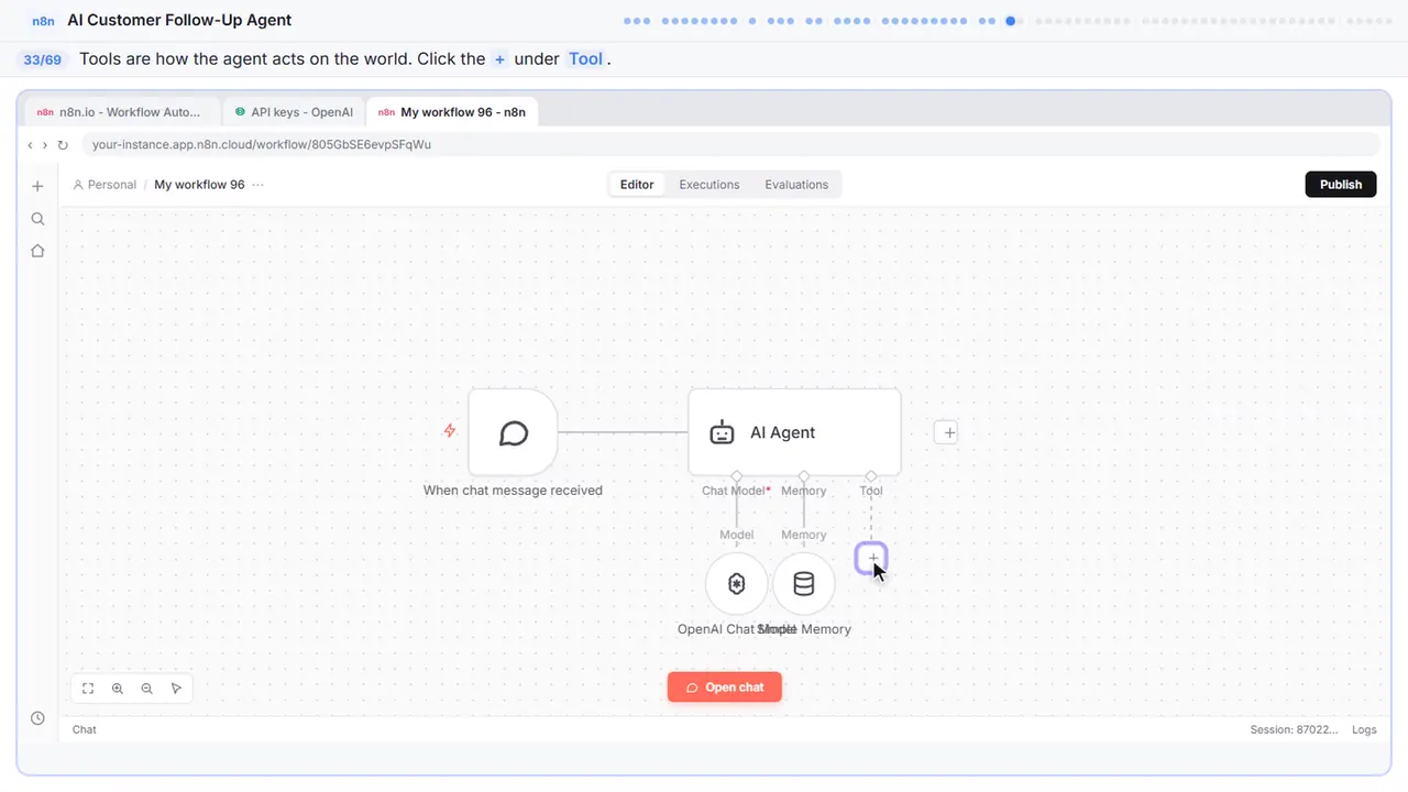 The n8n workflow canvas in Stepthrough’s practice copy, step 33 of 69 (Add a tool): the cursor is on “+”, highlighted.