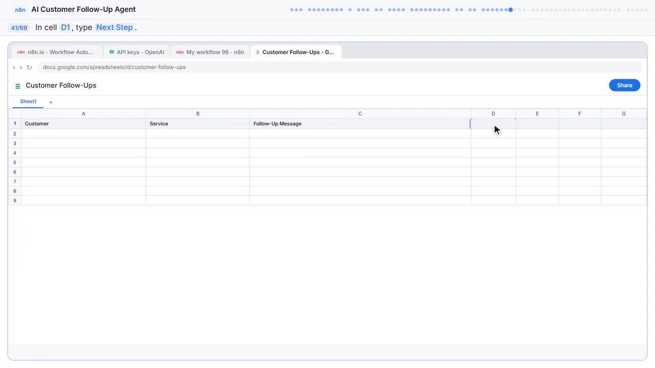 Google Sheets in Stepthrough’s practice copy, step 41 of 69 (Next Step): the cursor is on “D1”, highlighted.