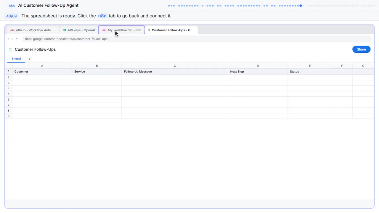 Google Sheets in Stepthrough’s practice copy, step 43 of 69 (Back to n8n): the cursor is on “n8n”, highlighted.
