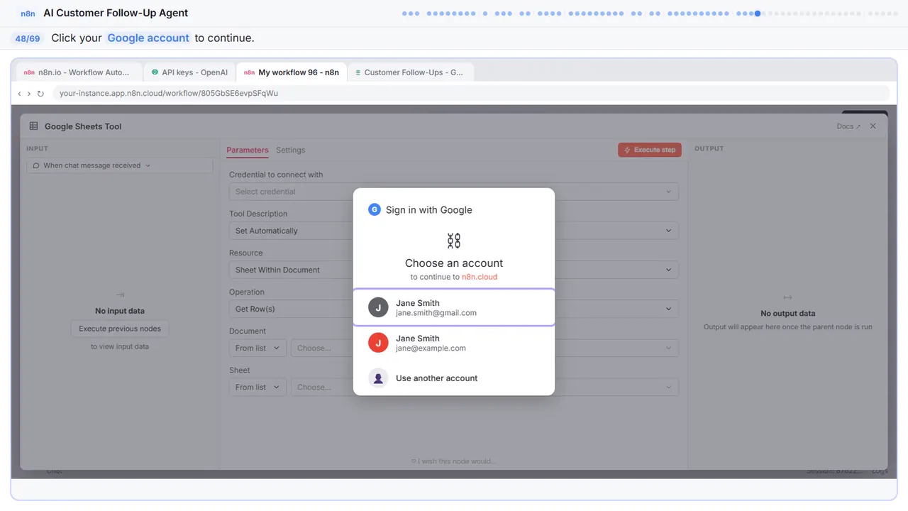 The Google sign-in window in Stepthrough’s practice copy, step 48 of 69 (Choose your account): the cursor is on “Google account”, highlighted.