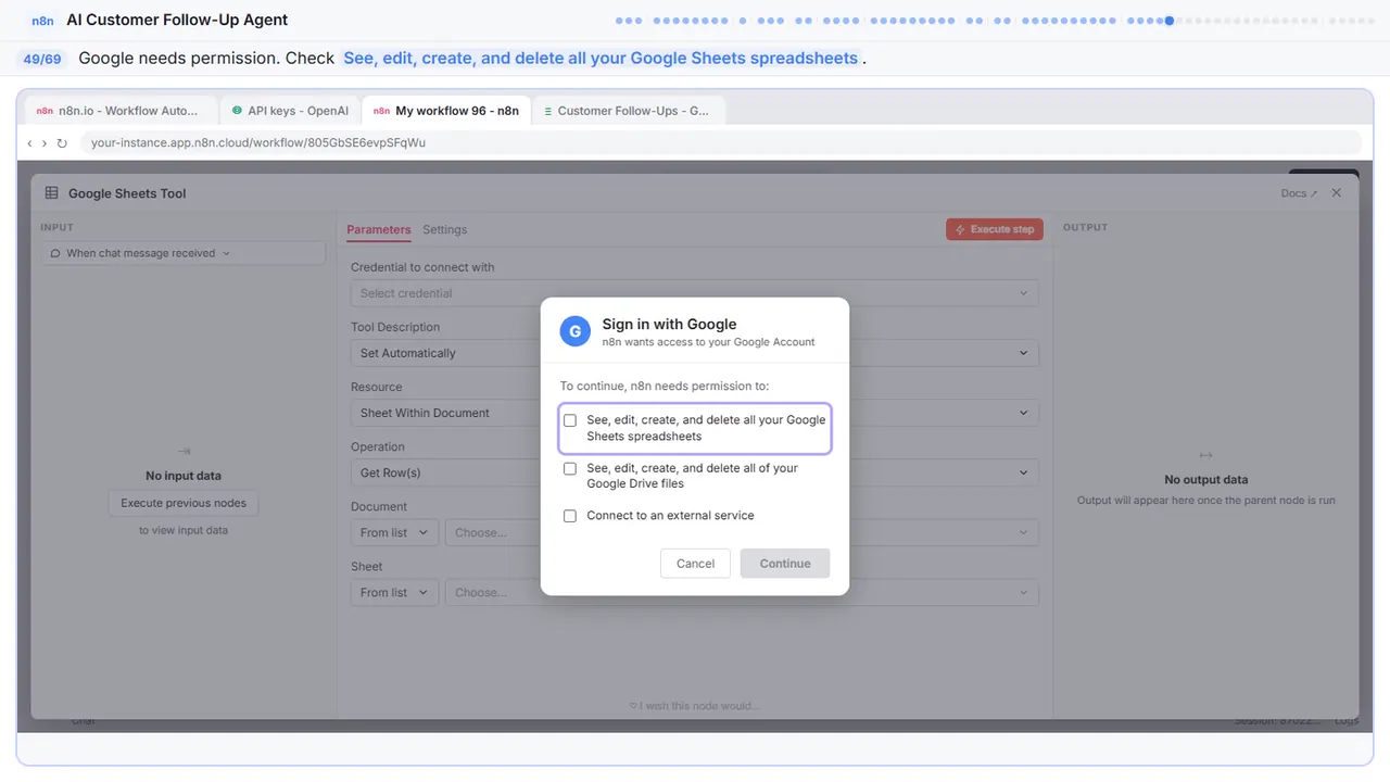 The Google sign-in window in Stepthrough’s practice copy, step 49 of 69 (Allow Sheets access): the cursor is on “See, edit, create, and delete all your Google Sheets…”, highlighted.