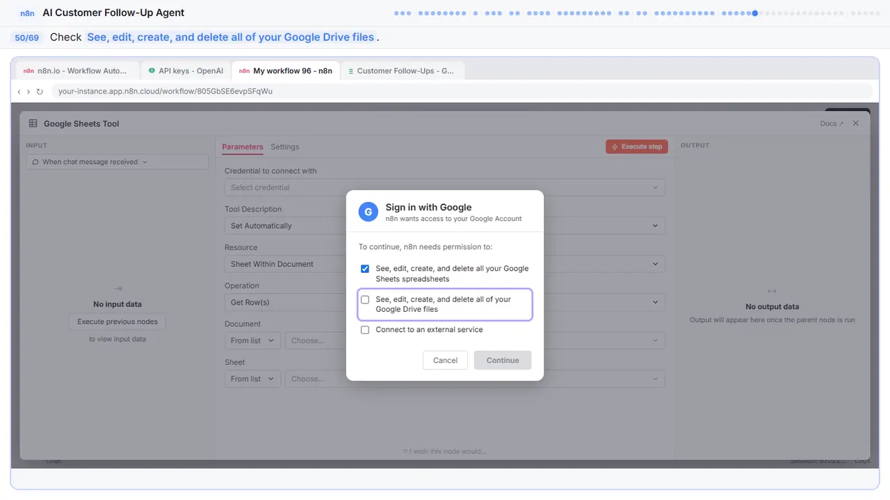 The Google sign-in window in Stepthrough’s practice copy, step 50 of 69 (Allow Drive access): the cursor is on “See, edit, create, and delete all of your Google Drive files”, highlighted.