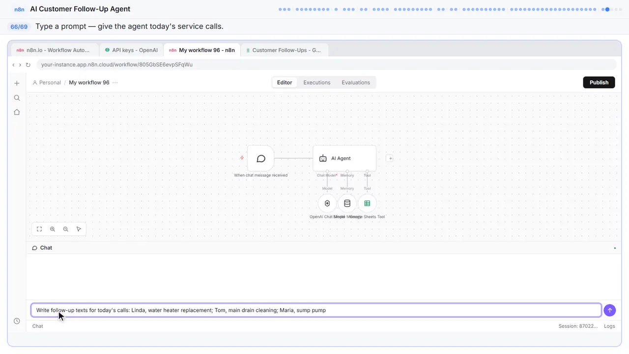 The n8n chat test panel in Stepthrough’s practice copy, step 66 of 69 (Ask for follow-ups): the prompt is filled in (“Write follow-up texts for today's calls:…”).