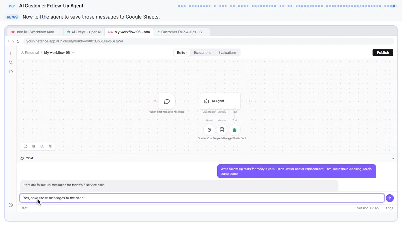 The n8n chat test panel in Stepthrough’s practice copy, step 68 of 69 (Save to the sheet): the prompt is filled in (“Yes, save those messages to the sheet”).