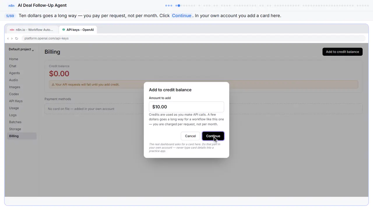 The OpenAI platform billing page in Stepthrough’s practice copy, step 5 of 69 (Ten dollars is plenty): the cursor is on “Continue”, highlighted.