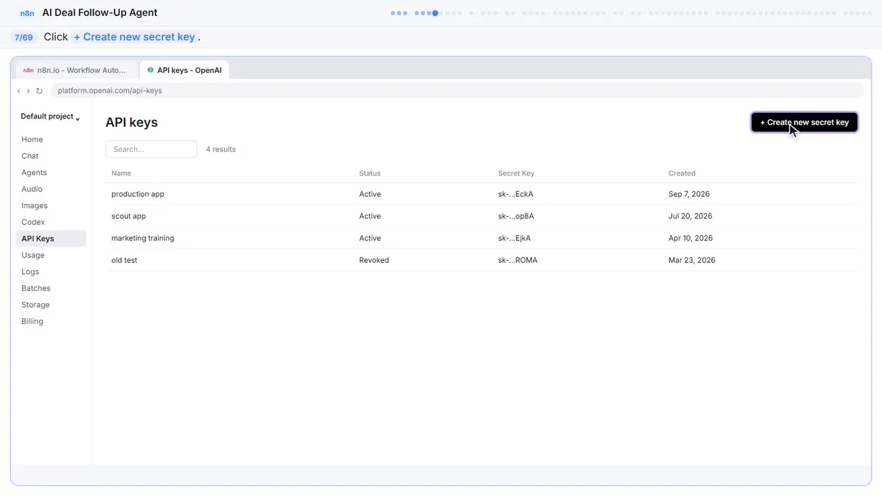 The OpenAI API keys page in Stepthrough’s practice copy, step 7 of 69 (Create a secret key): the cursor is on “+ Create new secret key”, highlighted.