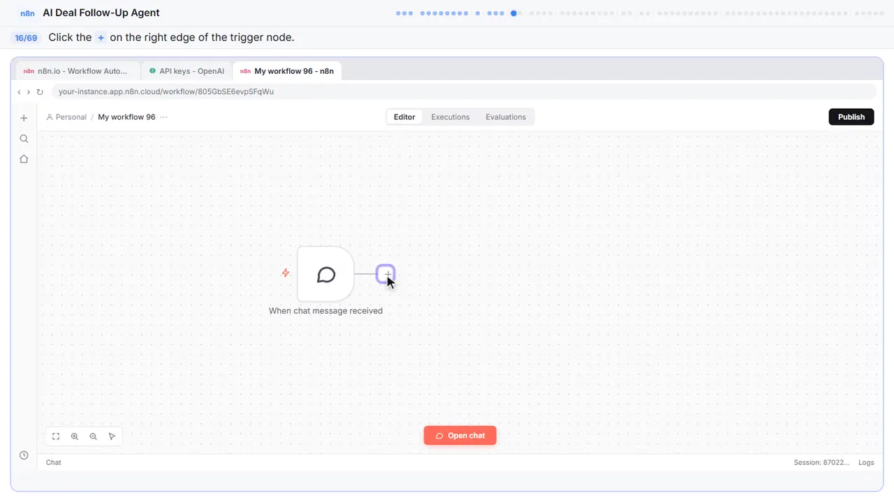 The n8n workflow canvas in Stepthrough’s practice copy, step 16 of 69 (Add the next node): the cursor is on “+”, highlighted.