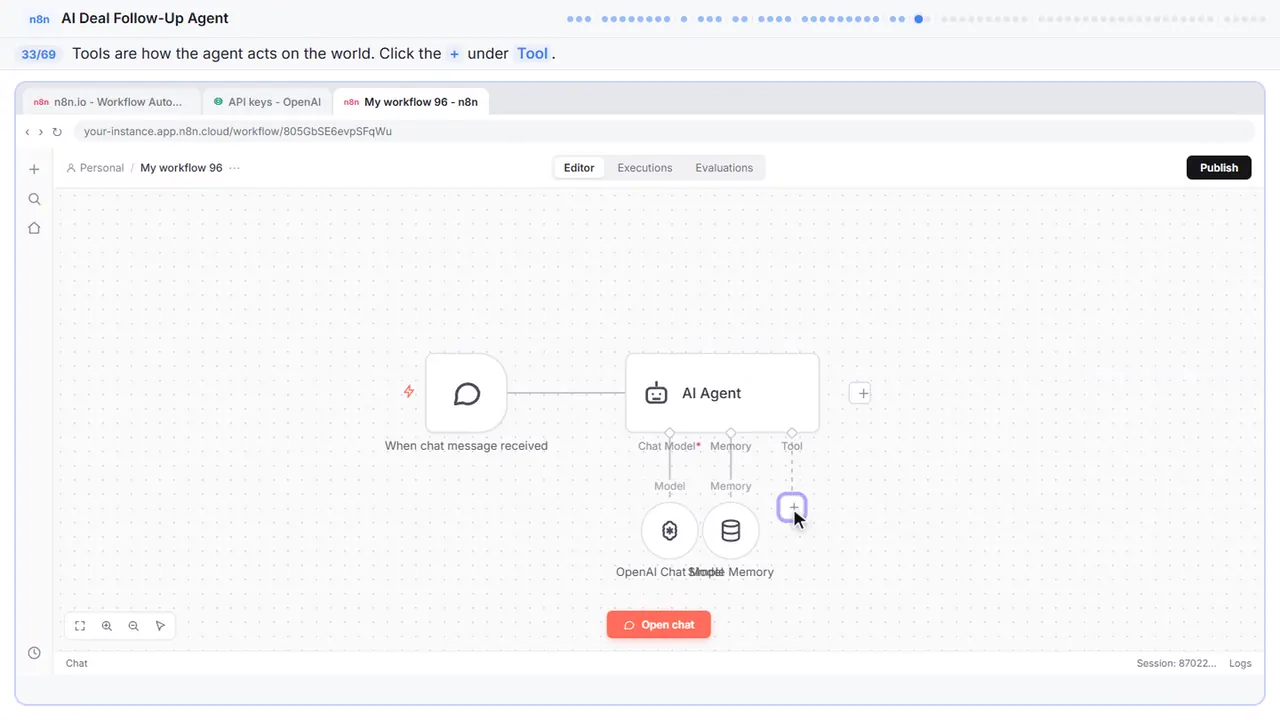 The n8n workflow canvas in Stepthrough’s practice copy, step 33 of 69 (Add a tool): the cursor is on “+”, highlighted.