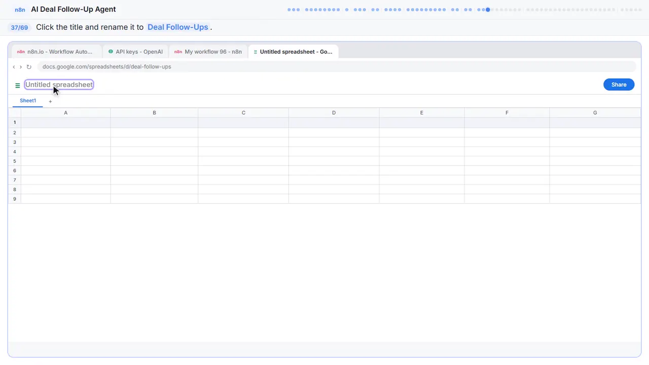 Google Sheets in Stepthrough’s practice copy, step 37 of 69 (Name the spreadsheet): the cursor is on “Deal Follow-Ups”, highlighted.
