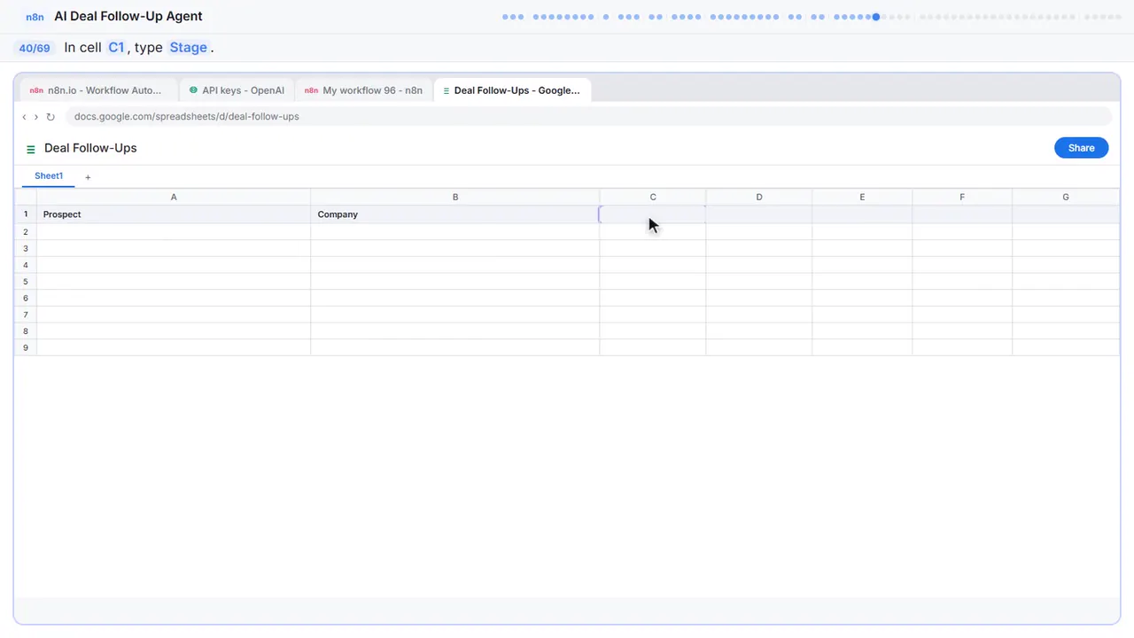 Google Sheets in Stepthrough’s practice copy, step 40 of 69 (Stage): the cursor is on “C1”, highlighted.