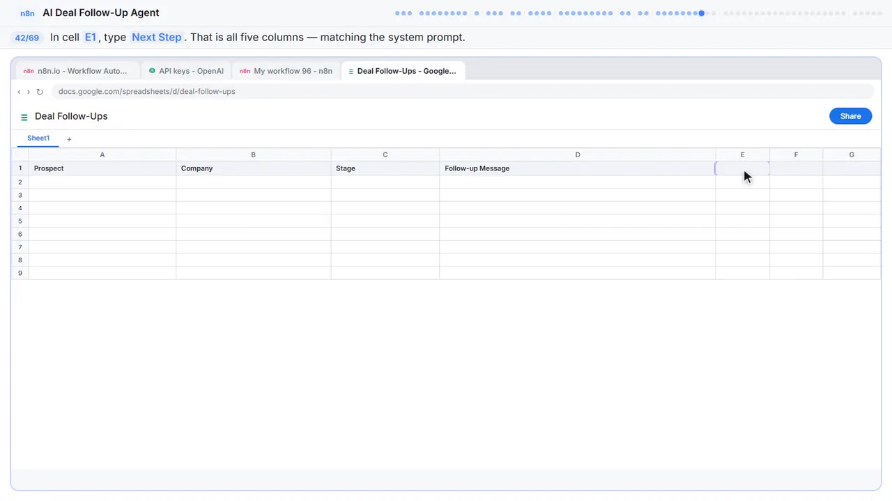 Google Sheets in Stepthrough’s practice copy, step 42 of 69 (Next Step): the cursor is on “E1”, highlighted.