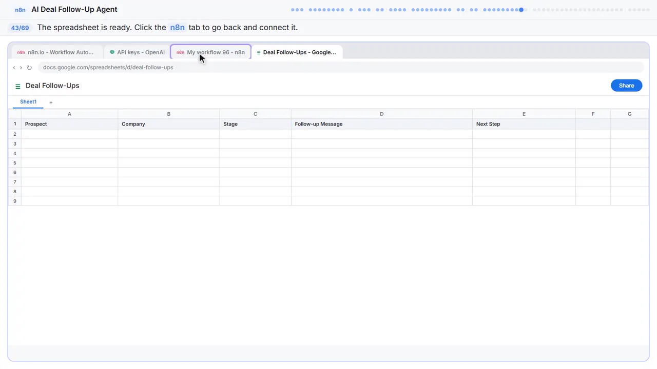 Google Sheets in Stepthrough’s practice copy, step 43 of 69 (Back to n8n): the cursor is on “n8n”, highlighted.