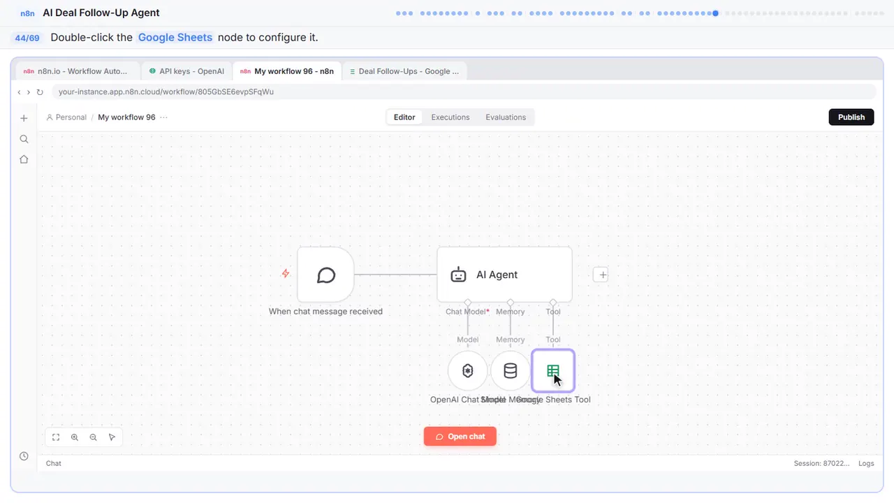 The n8n workflow canvas in Stepthrough’s practice copy, step 44 of 69 (Open the Sheets node): the cursor is on “Google Sheets”, highlighted.