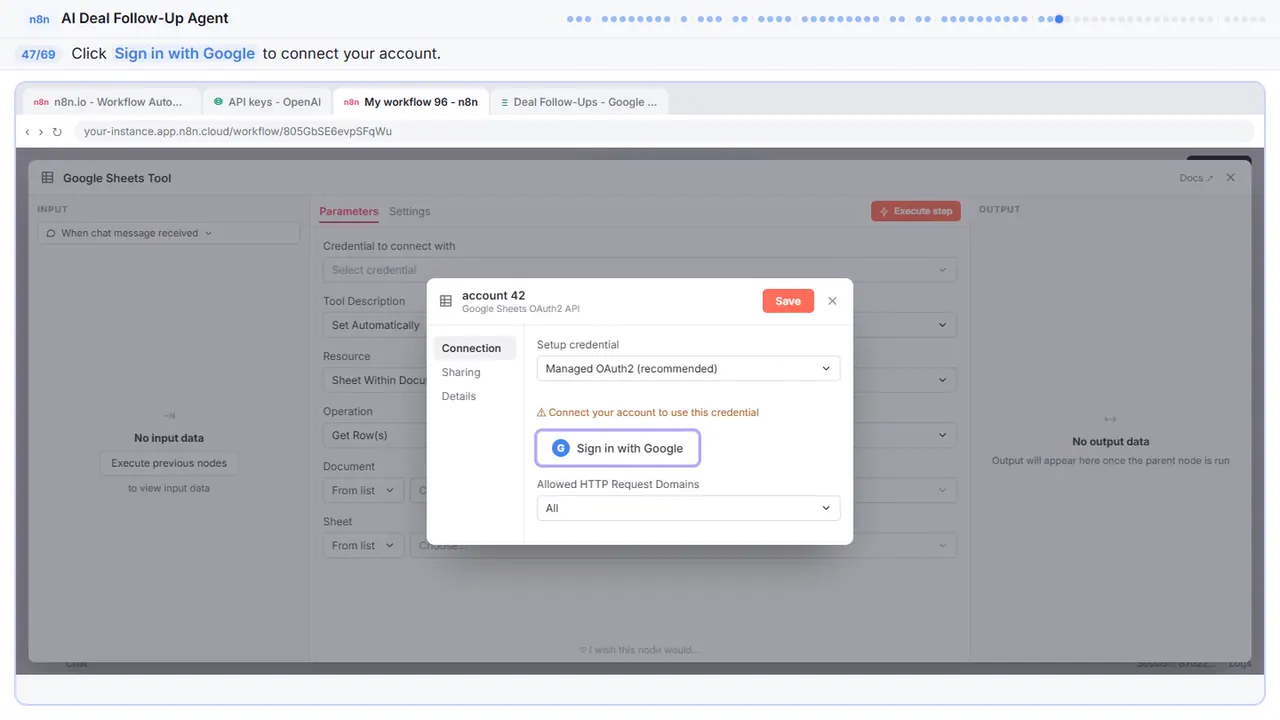 The Google sign-in window in Stepthrough’s practice copy, step 47 of 69 (Sign in with Google): the cursor is on “Sign in with Google”, highlighted.