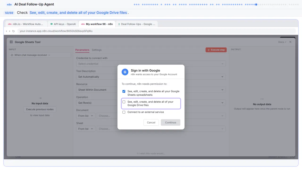 The Google sign-in window in Stepthrough’s practice copy, step 50 of 69 (Allow Drive access): the cursor is on “See, edit, create, and delete all of your Google Drive files”, highlighted.