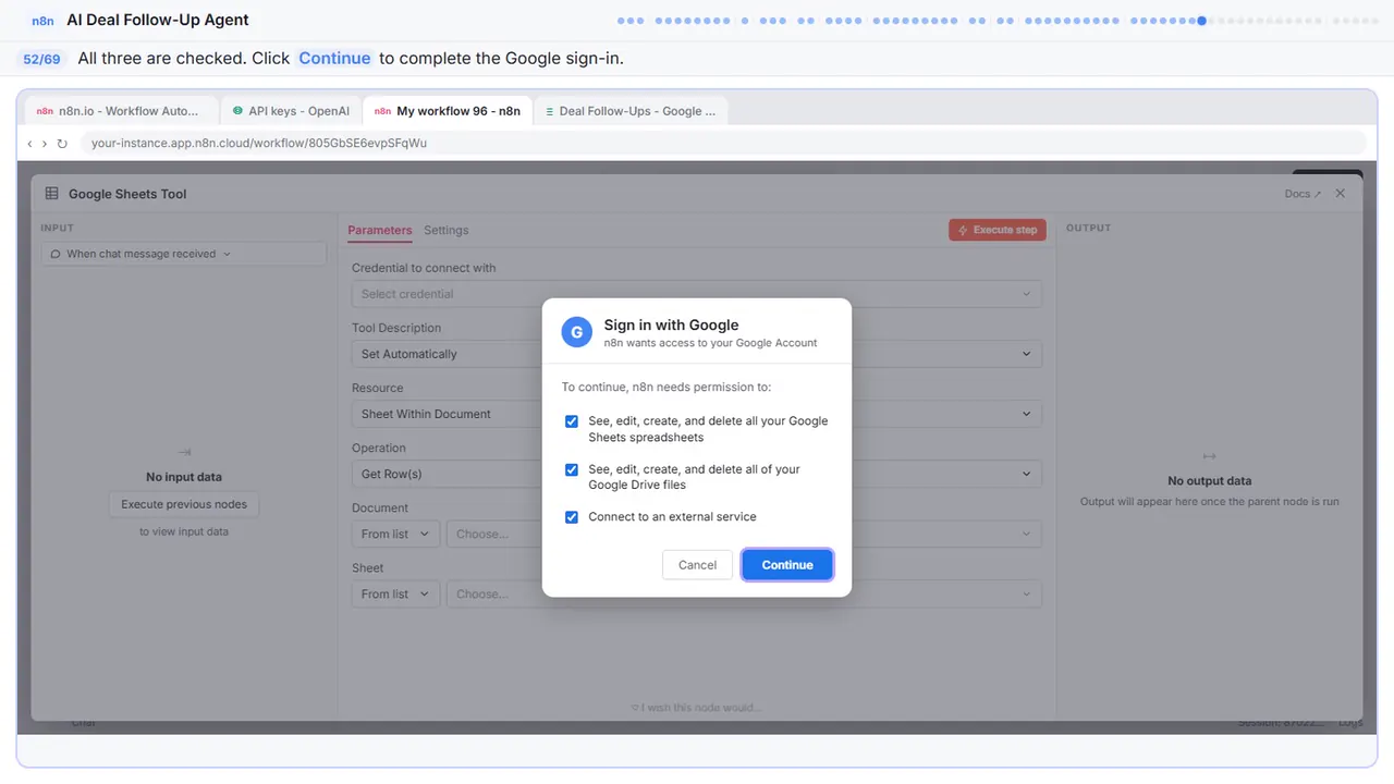 The Google sign-in window in Stepthrough’s practice copy, step 52 of 69 (Sign in): the cursor is on “Continue”, highlighted.