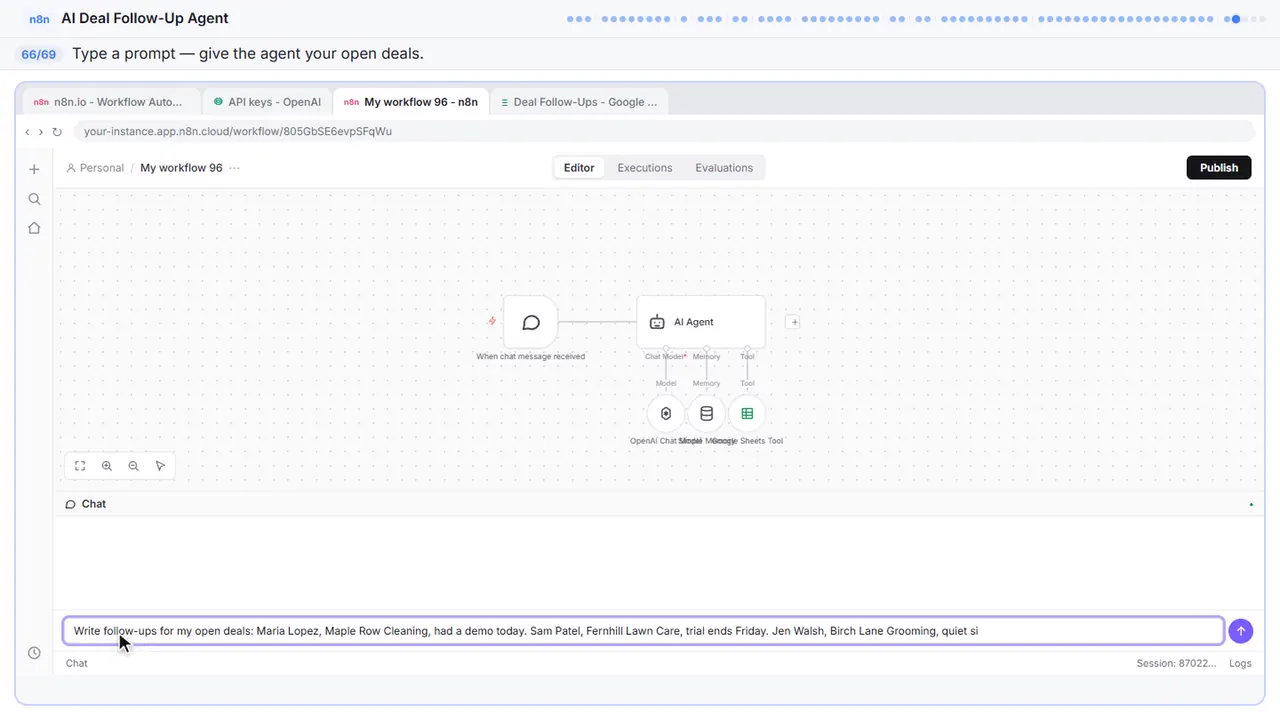 The n8n chat test panel in Stepthrough’s practice copy, step 66 of 69 (Ask for follow-ups): the prompt is filled in (“Write follow-ups for my open deals: Maria…”).