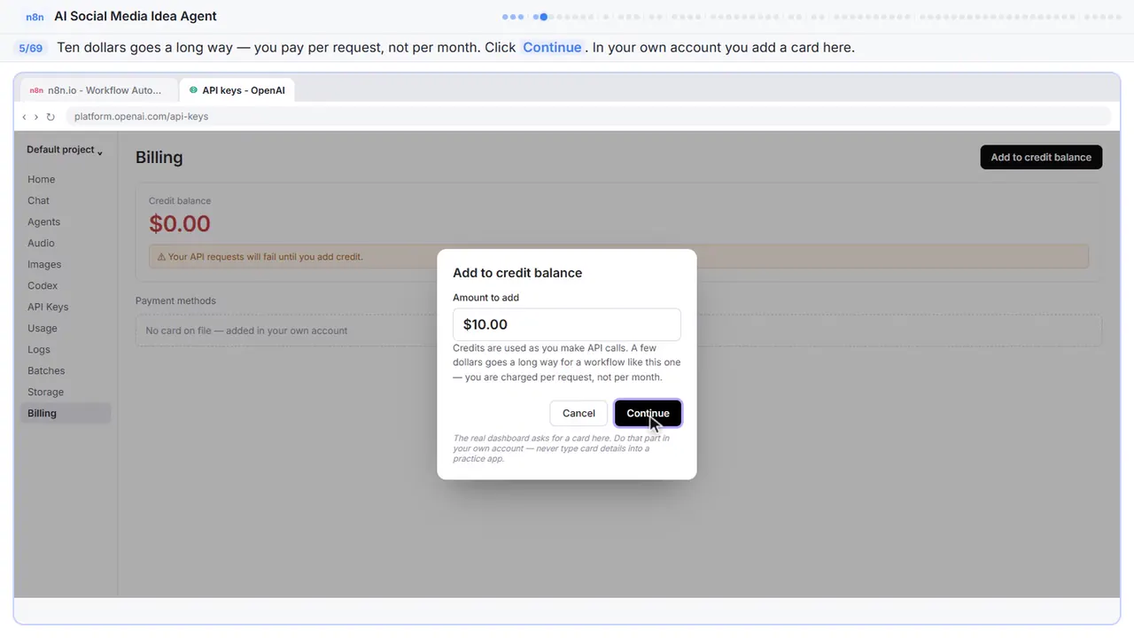 The OpenAI platform billing page in Stepthrough’s practice copy, step 5 of 69 (Ten dollars is plenty): the cursor is on “Continue”, highlighted.