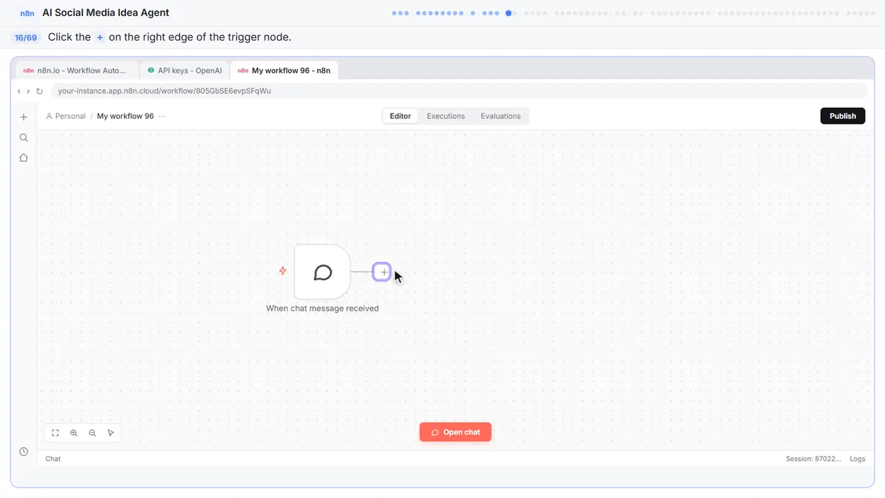 The n8n workflow canvas in Stepthrough’s practice copy, step 16 of 69 (Add the next node): the cursor is on “+”, highlighted.