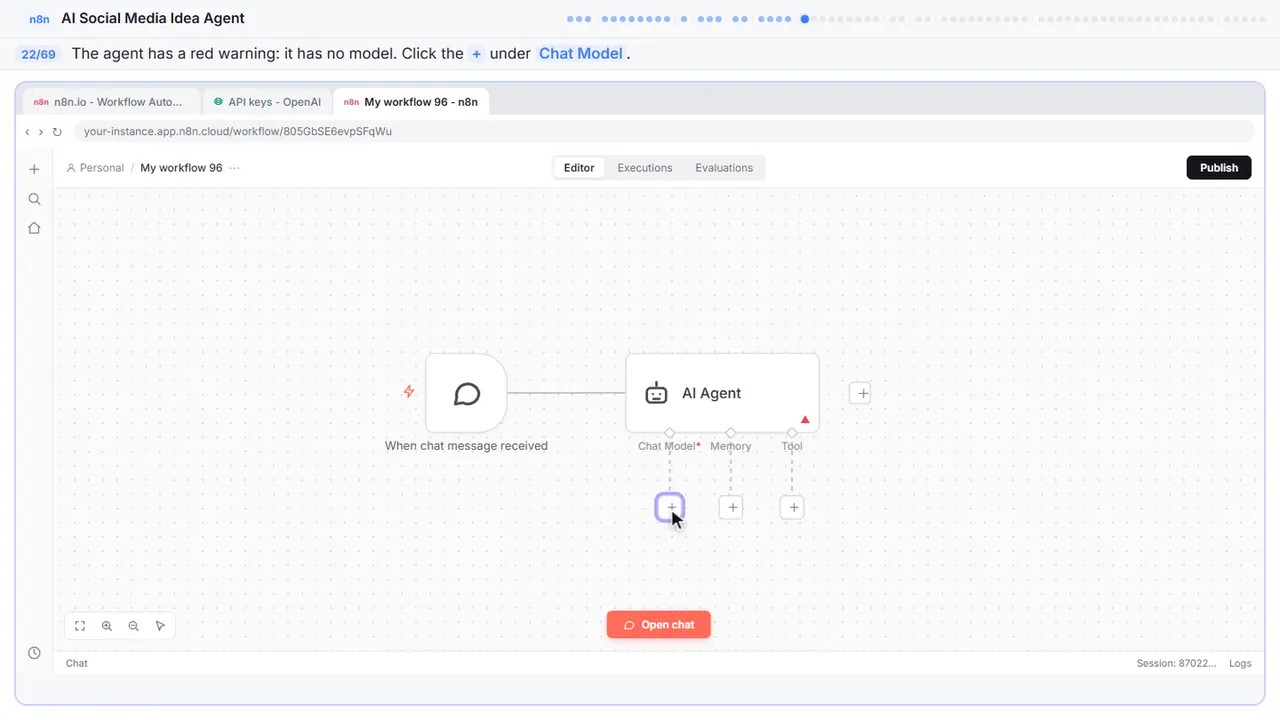 The n8n workflow canvas in Stepthrough’s practice copy, step 22 of 69 (Give the agent a brain): the cursor is on “+”, highlighted.