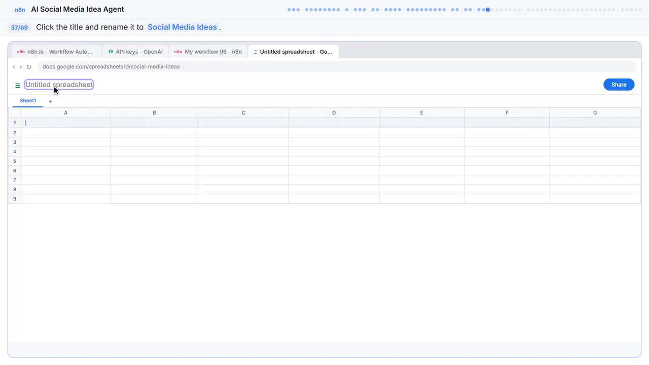 Google Sheets in Stepthrough’s practice copy, step 37 of 69 (Name the spreadsheet): the cursor is on “Social Media Ideas”, highlighted.