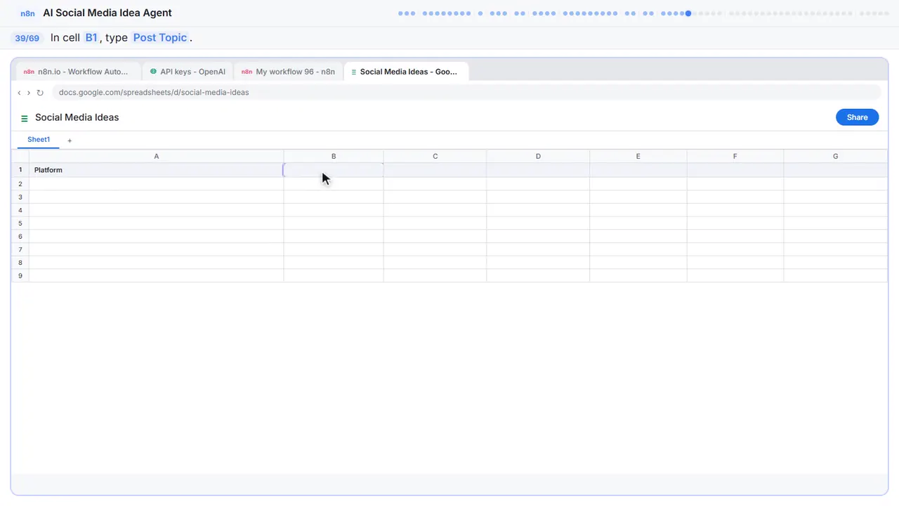 Google Sheets in Stepthrough’s practice copy, step 39 of 69 (Post Topic): the cursor is on “B1”, highlighted.