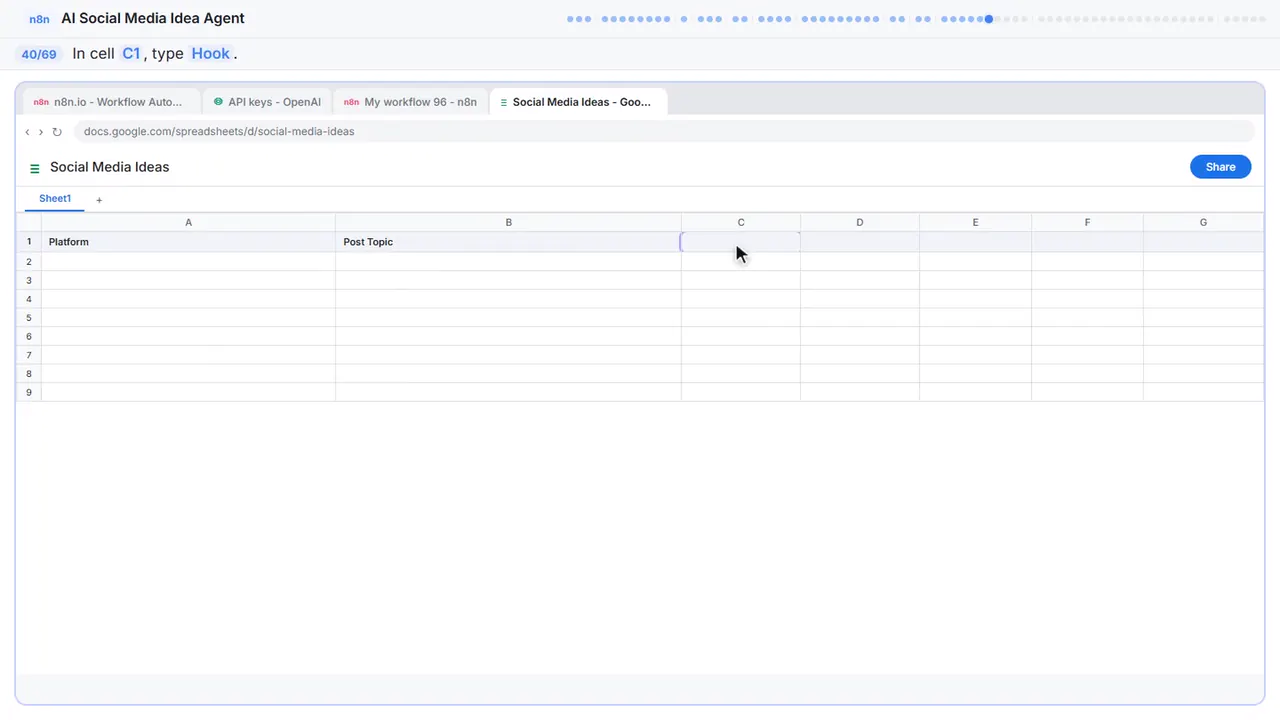 Google Sheets in Stepthrough’s practice copy, step 40 of 69 (Hook): the cursor is on “C1”, highlighted.